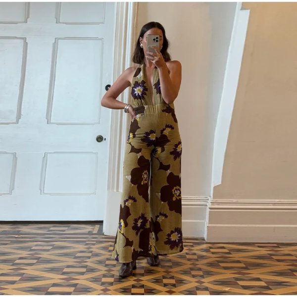 Printed Sequins Backless Halter Deep V-neck Neck  Straight Jumpsuit - Image 8