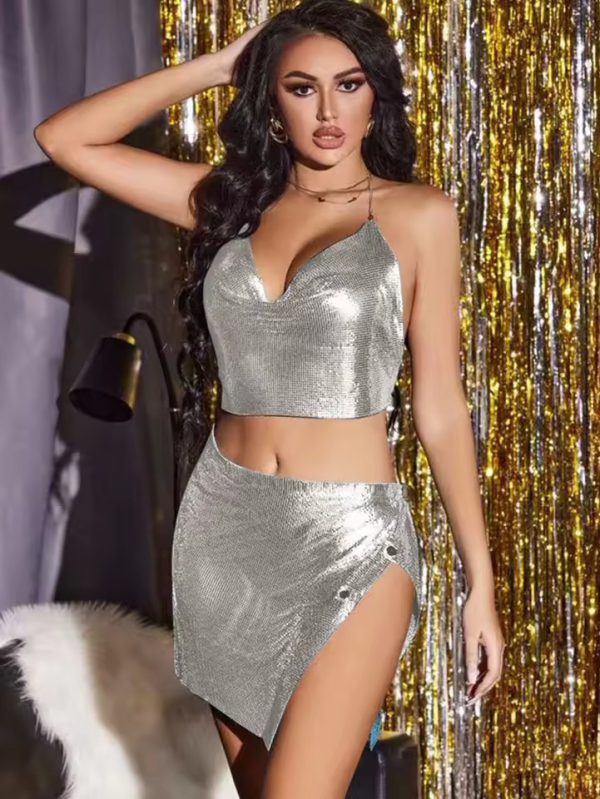 Stylish Metal Sequin Printing Mini Dress Sets - Image 3