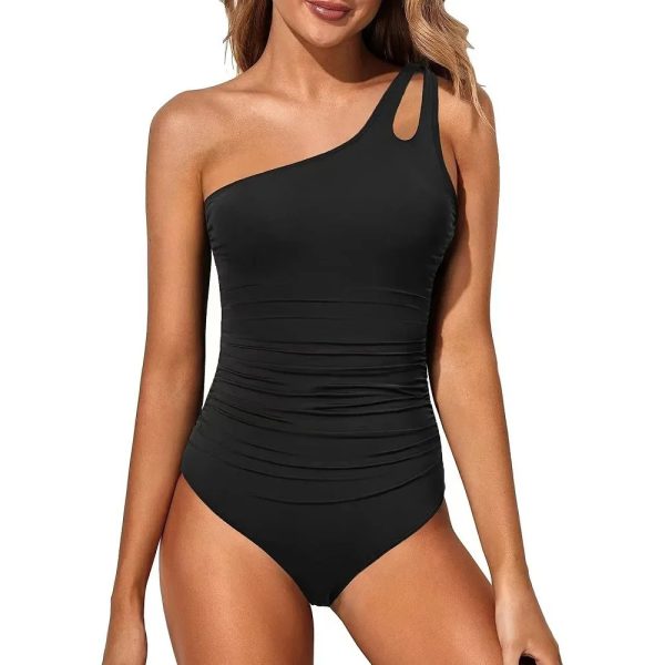 Casual Tummy Control One Shoulder One Piece Swimsuit - Image 4