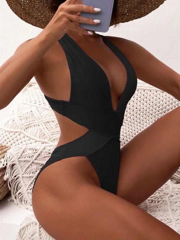 Deep V Neck Fashion High Cut Cross Backless One Piece Swimsuit - Image 5