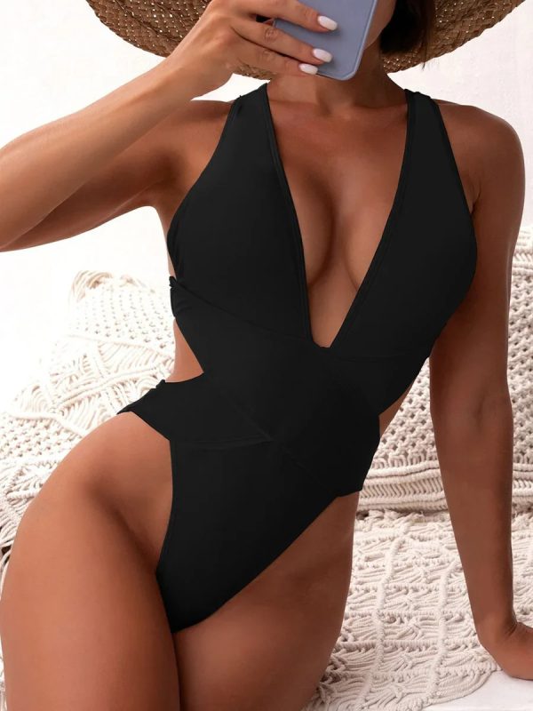 Deep V Neck Fashion High Cut Cross Backless One Piece Swimsuit - Image 4
