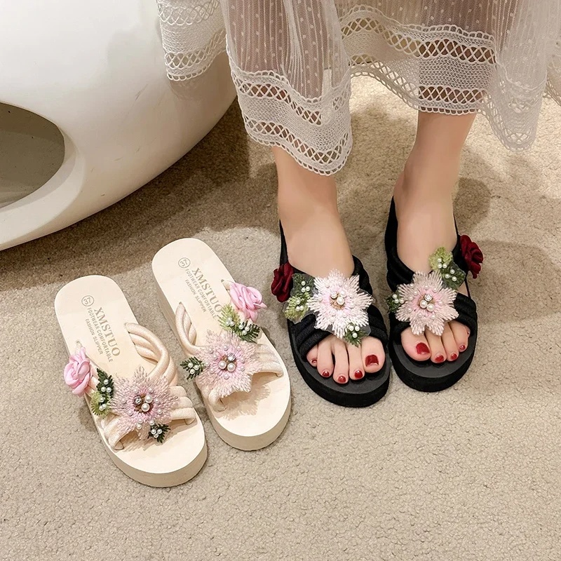 Elegant Embroidered Flower Flip Flops Slip Resistant Thick Soled Sandals - Image 14