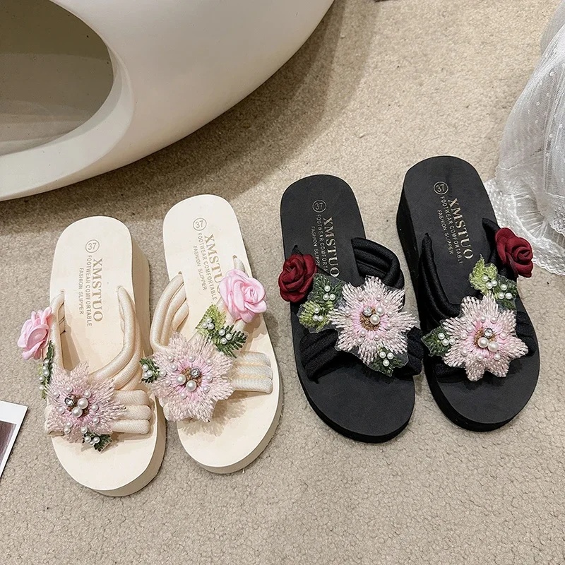 Elegant Embroidered Flower Flip Flops Slip Resistant Thick Soled Sandals - Image 20