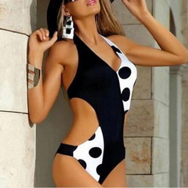 Elegant Polka Dot Fashion V-Neck Patchwork Strap One Piece Bikini