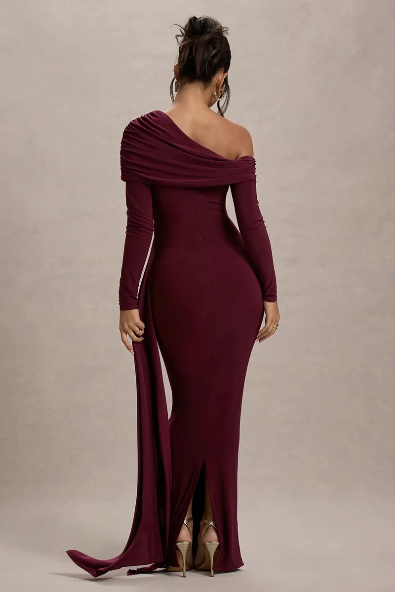 Skew Collar Long Sleeve Fashion Elegant Backless Draped Ruched Bodycon Club Long Dress - Image 3