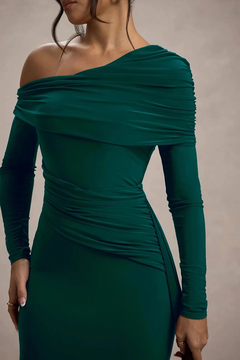 Skew Collar Long Sleeve Fashion Elegant Backless Draped Ruched Bodycon Club Long Dress - Image 19