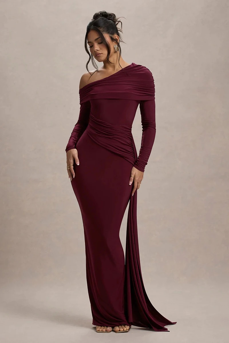 Skew Collar Long Sleeve Fashion Elegant Backless Draped Ruched Bodycon Club Long Dress - Image 4