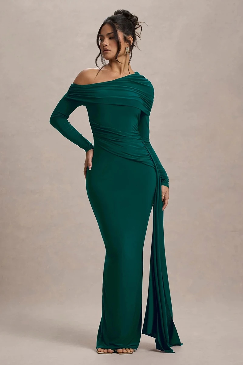 Skew Collar Long Sleeve Fashion Elegant Backless Draped Ruched Bodycon Club Long Dress - Image 20