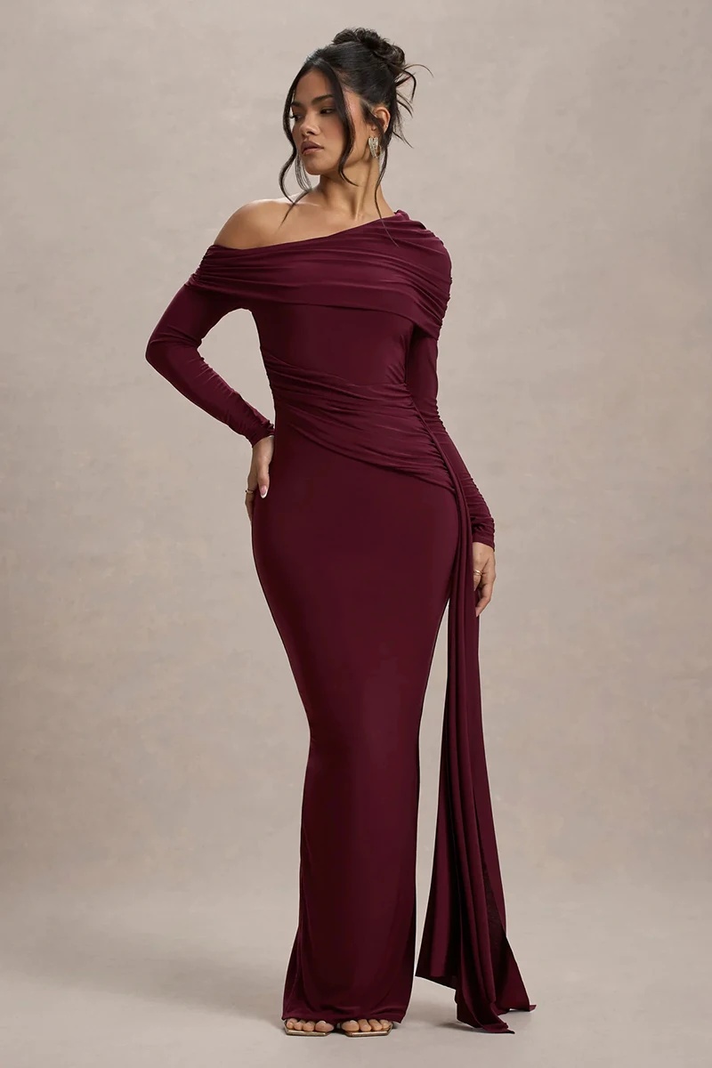 Skew Collar Long Sleeve Fashion Elegant Backless Draped Ruched Bodycon Club Long Dress - Image 7