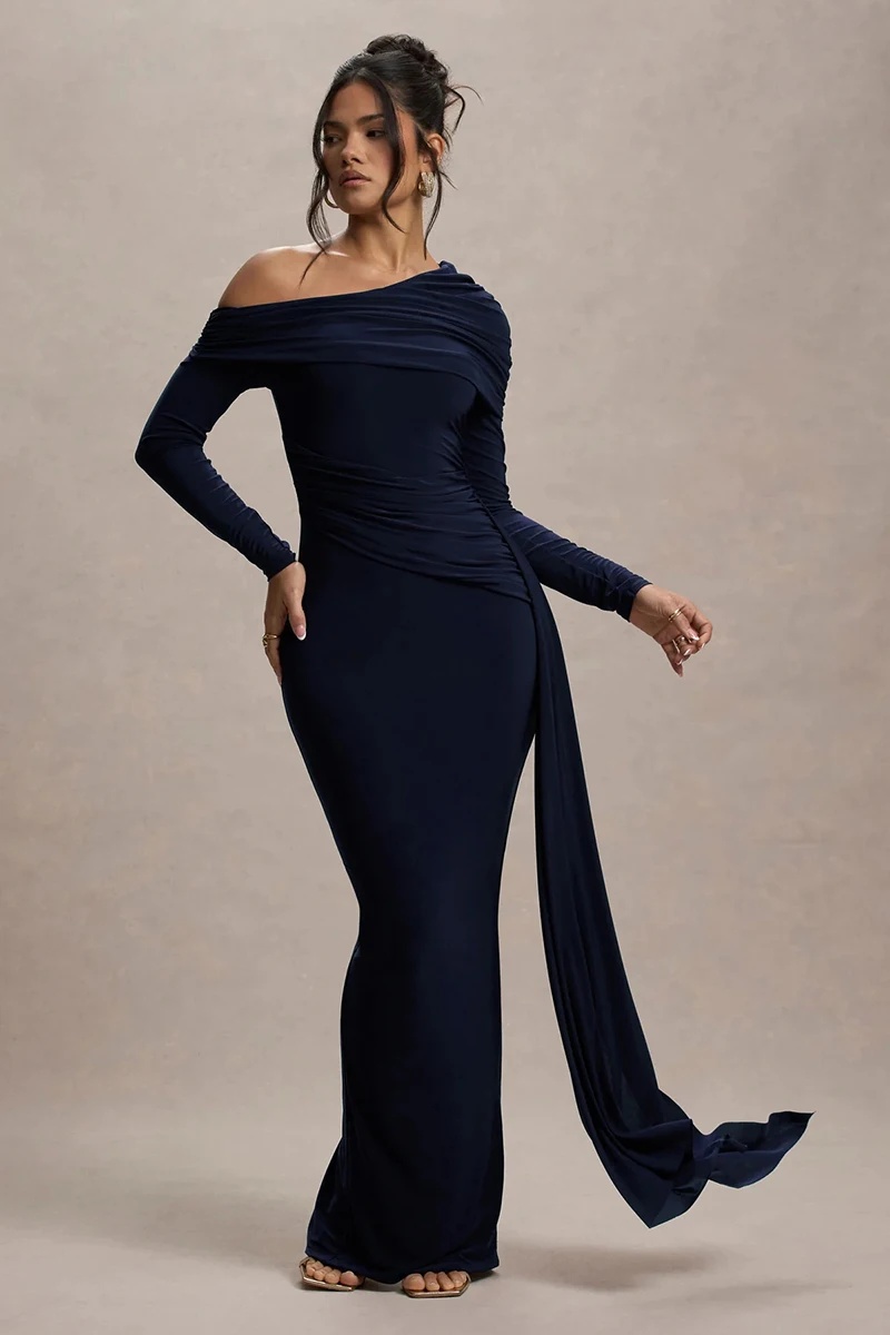 Skew Collar Long Sleeve Fashion Elegant Backless Draped Ruched Bodycon Club Long Dress - Image 15