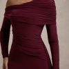 Skew Collar Long Sleeve Fashion Elegant Backless Draped Ruched Bodycon Club Long Dress - Image 6