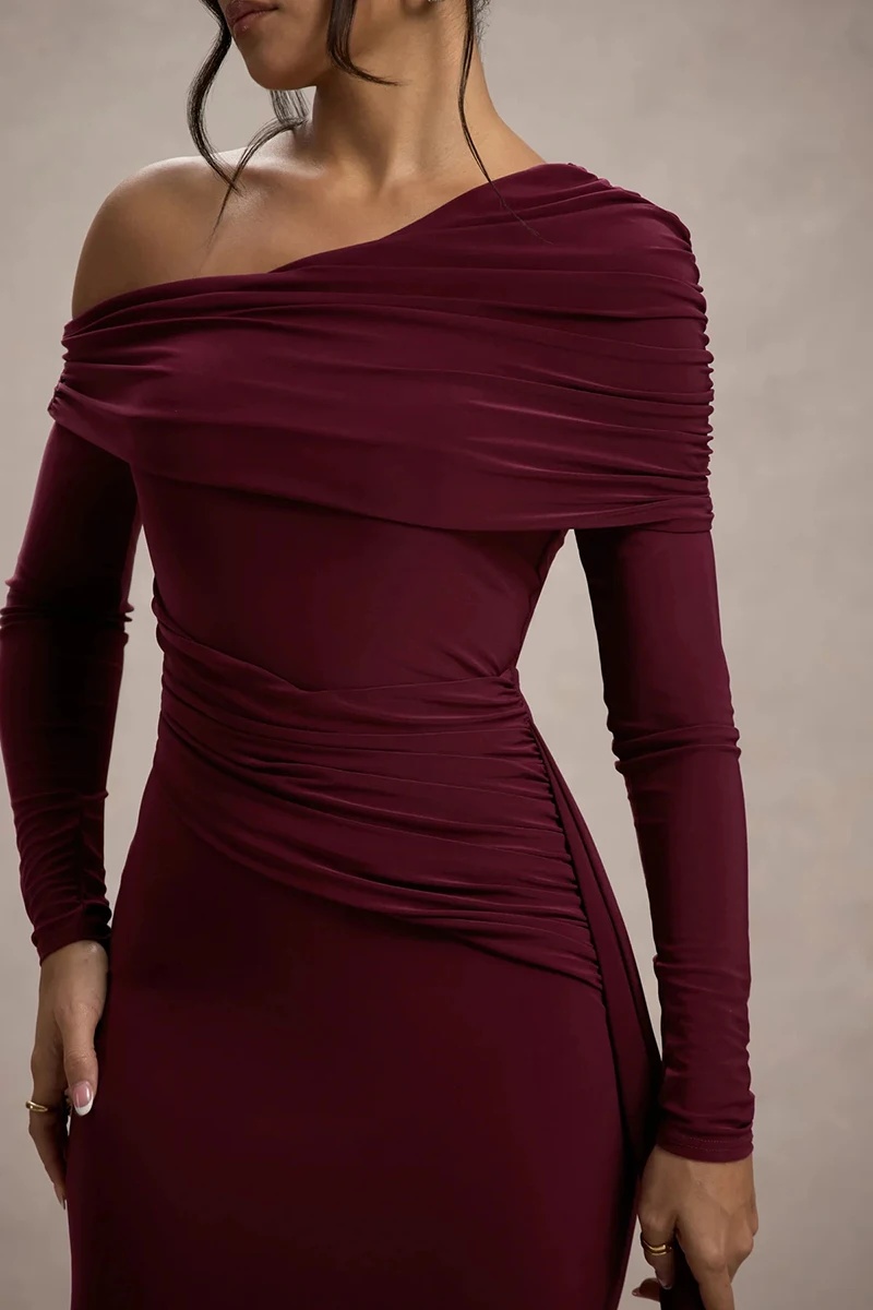 Skew Collar Long Sleeve Fashion Elegant Backless Draped Ruched Bodycon Club Long Dress - Image 6