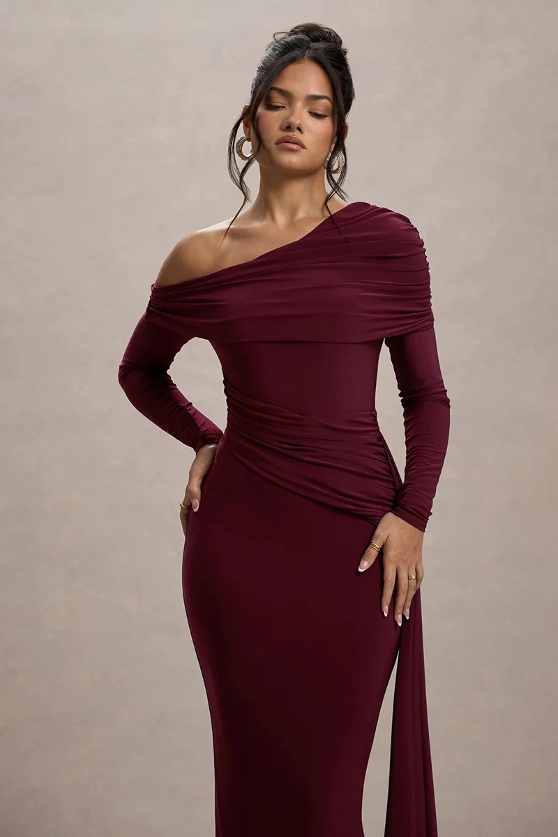 Skew Collar Long Sleeve Fashion Elegant Backless Draped Ruched Bodycon Club Long Dress - Image 8
