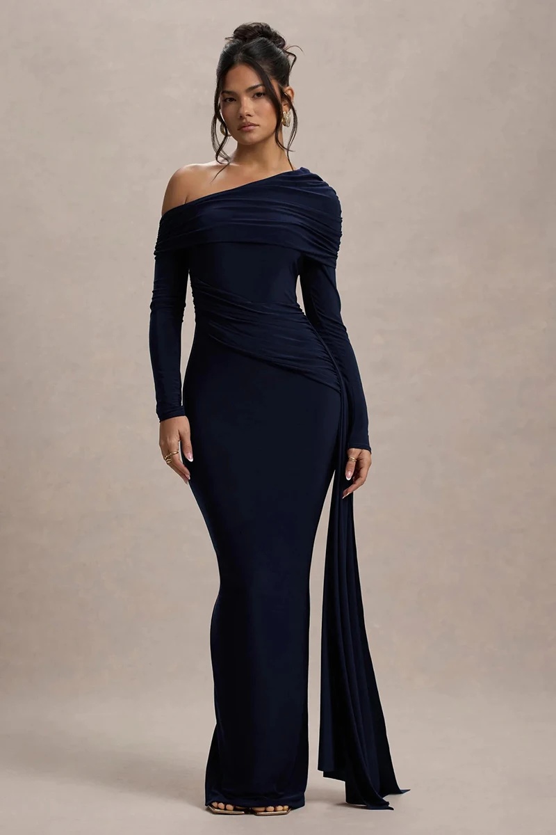 Skew Collar Long Sleeve Fashion Elegant Backless Draped Ruched Bodycon Club Long Dress - Image 14