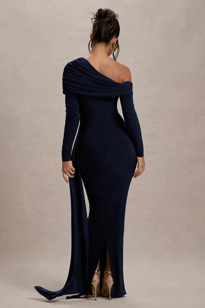 Skew Collar Long Sleeve Fashion Elegant Backless Draped Ruched Bodycon Club Long Dress - Image 11