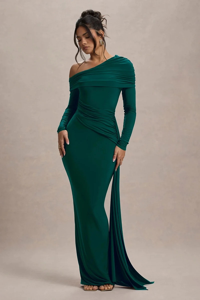 Skew Collar Long Sleeve Fashion Elegant Backless Draped Ruched Bodycon Club Long Dress - Image 16