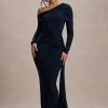 Skew Collar Long Sleeve Fashion Elegant Backless Draped Ruched Bodycon Club Long Dress - Image 13