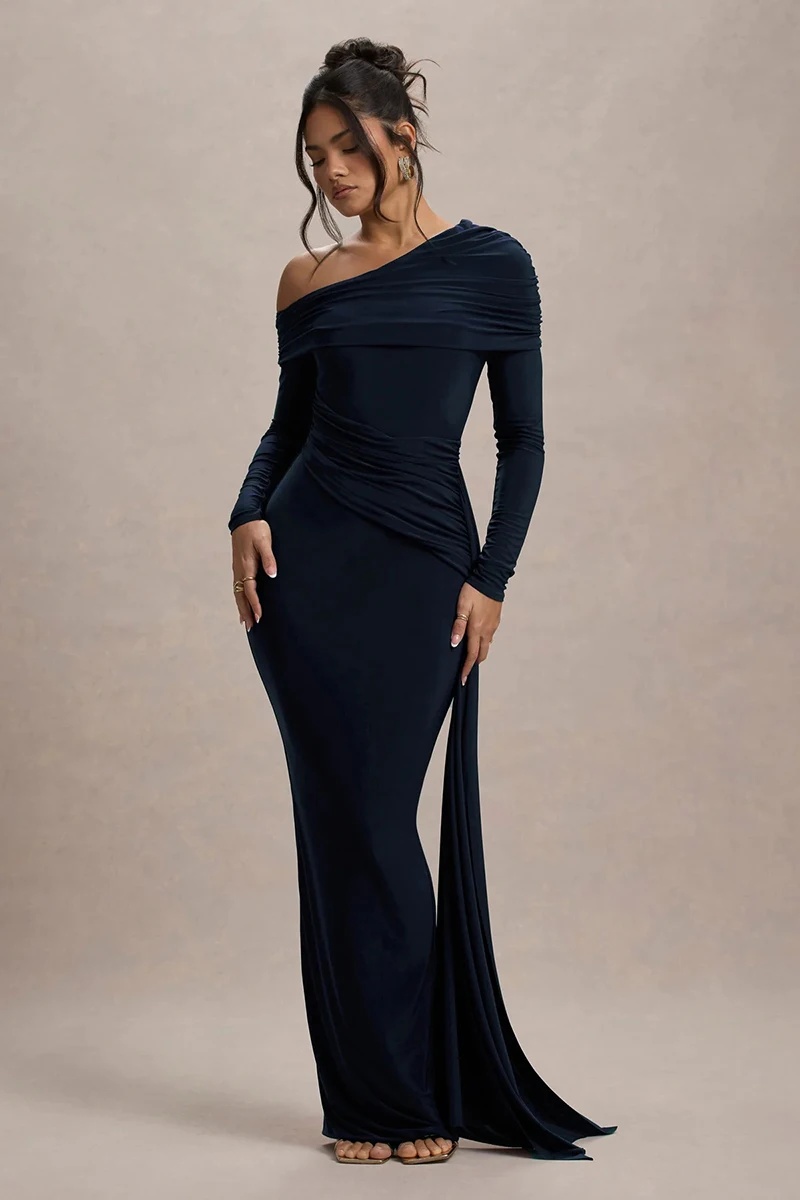 Skew Collar Long Sleeve Fashion Elegant Backless Draped Ruched Bodycon Club Long Dress - Image 13