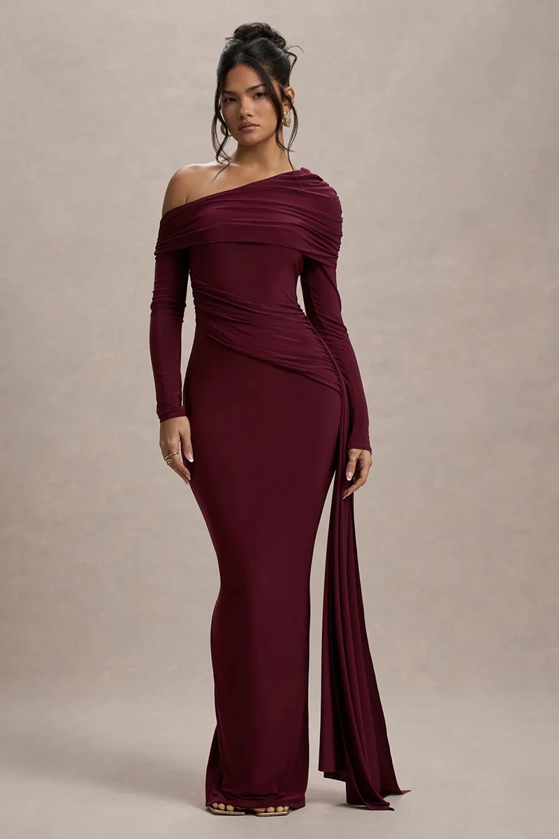 Skew Collar Long Sleeve Fashion Elegant Backless Draped Ruched Bodycon Club Long Dress - Image 5