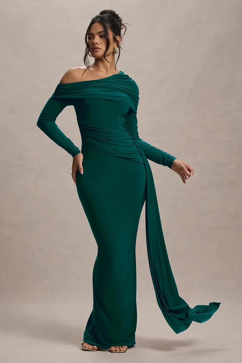 Skew Collar Long Sleeve Fashion Elegant Backless Draped Ruched Bodycon Club Long Dress - Image 17