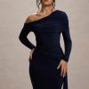 Skew Collar Long Sleeve Fashion Elegant Backless Draped Ruched Bodycon Club Long Dress - Image 12