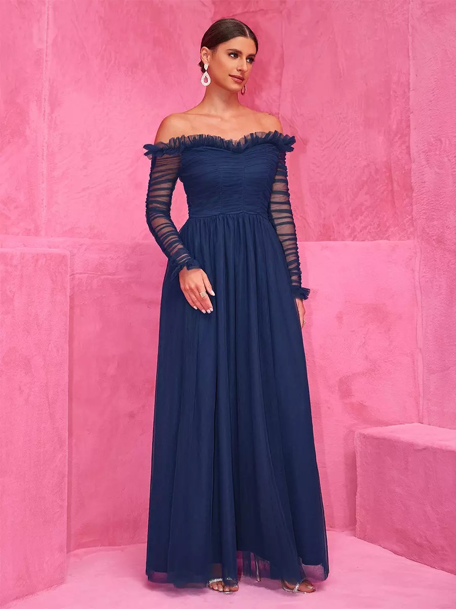 Sheer Sleeves Fashion Off-Shoulder Maxi Party Dress