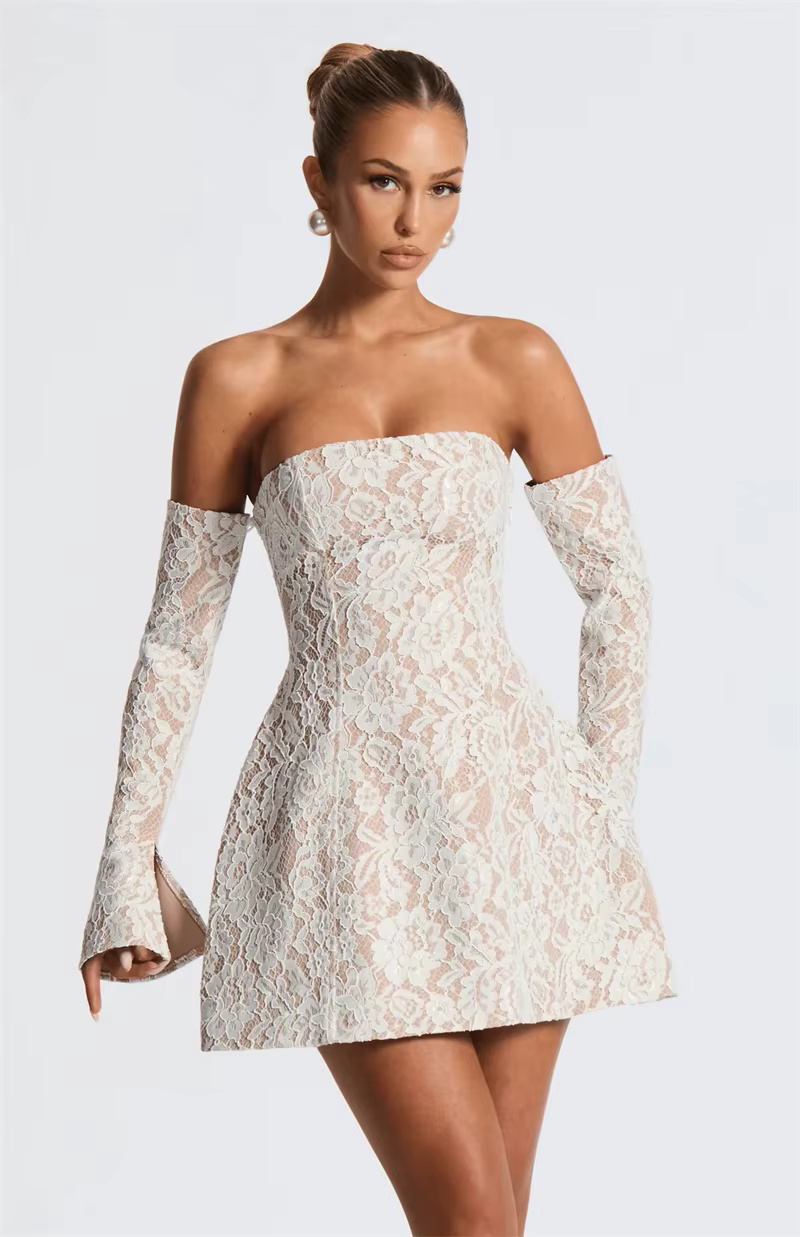 Stylish Lace Off-shoulder Backless Elegant Strapless Long Sleeve High Waist A-line Mini Dress - Image 2