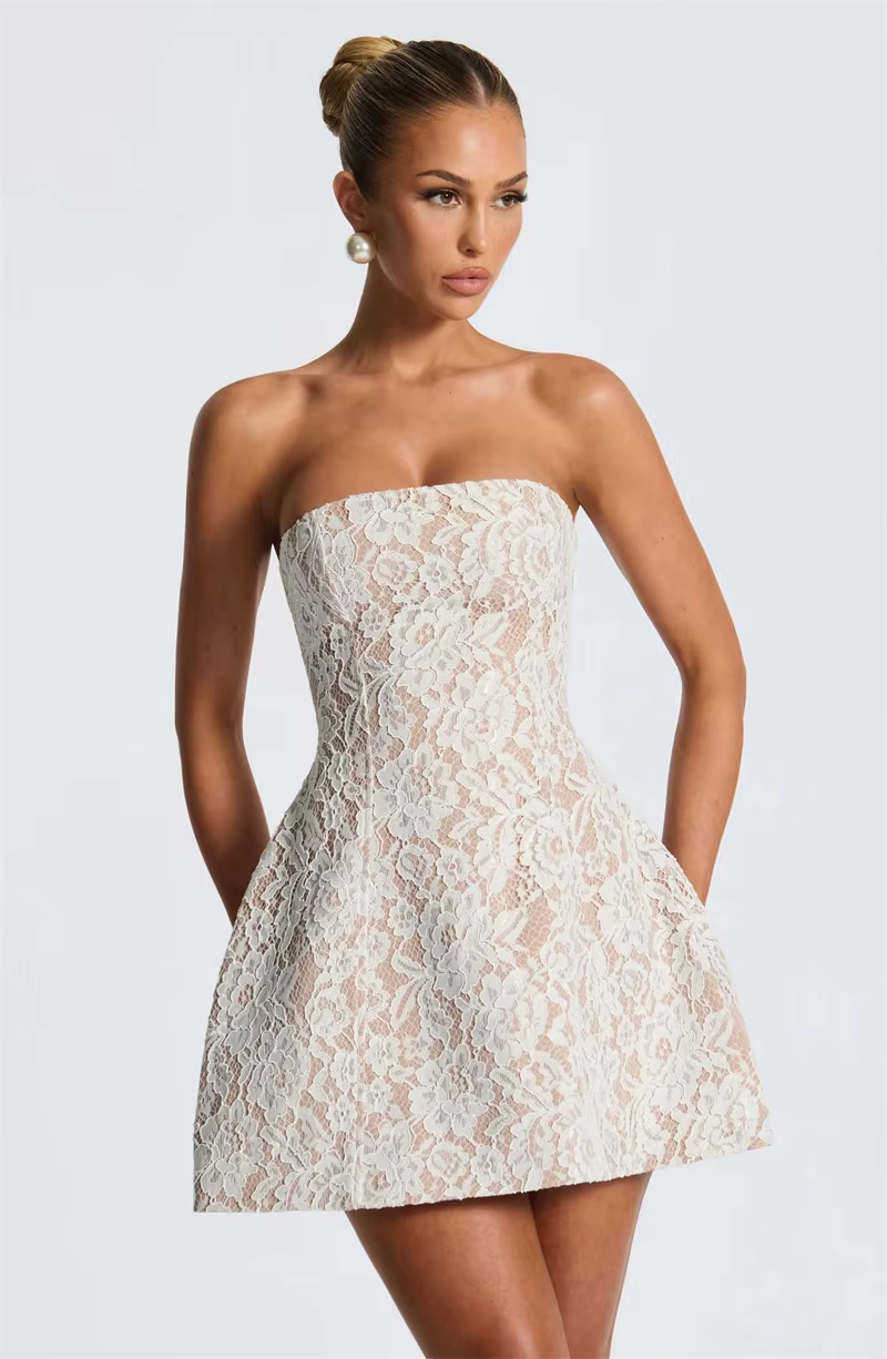 Stylish Lace Off-shoulder Backless Elegant Strapless Long Sleeve High Waist A-line Mini Dress - Image 3