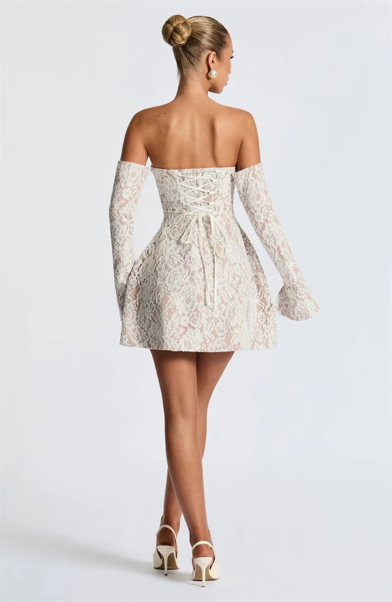 Stylish Lace Off-shoulder Backless Elegant Strapless Long Sleeve High Waist A-line Mini Dress - Image 4