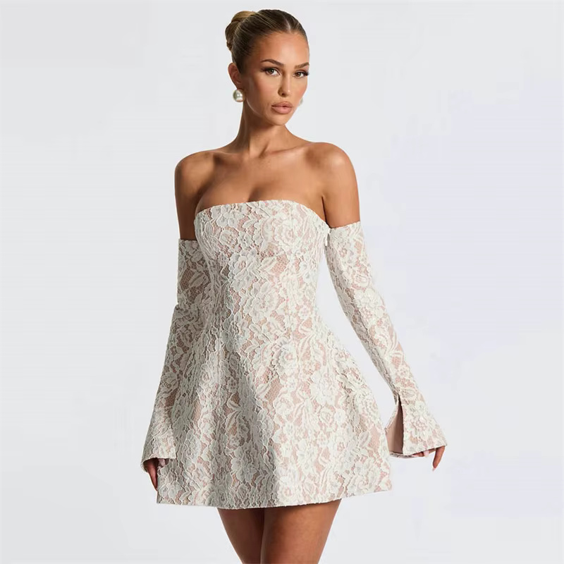 Stylish Lace Off-shoulder Backless Elegant Strapless Long Sleeve High Waist A-line Mini Dress - Image 5