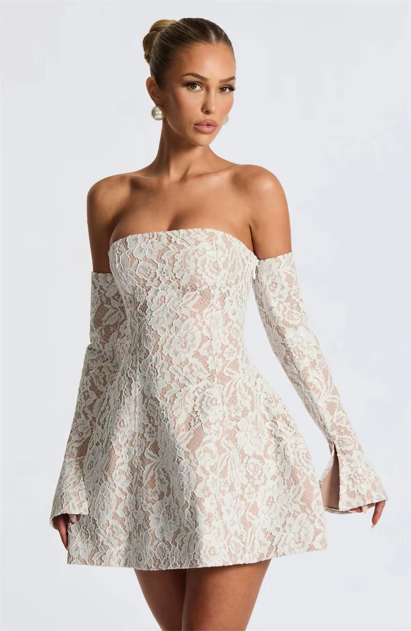 Stylish Lace Off-shoulder Backless Elegant Strapless Long Sleeve High Waist A-line Mini Dress - Image 7