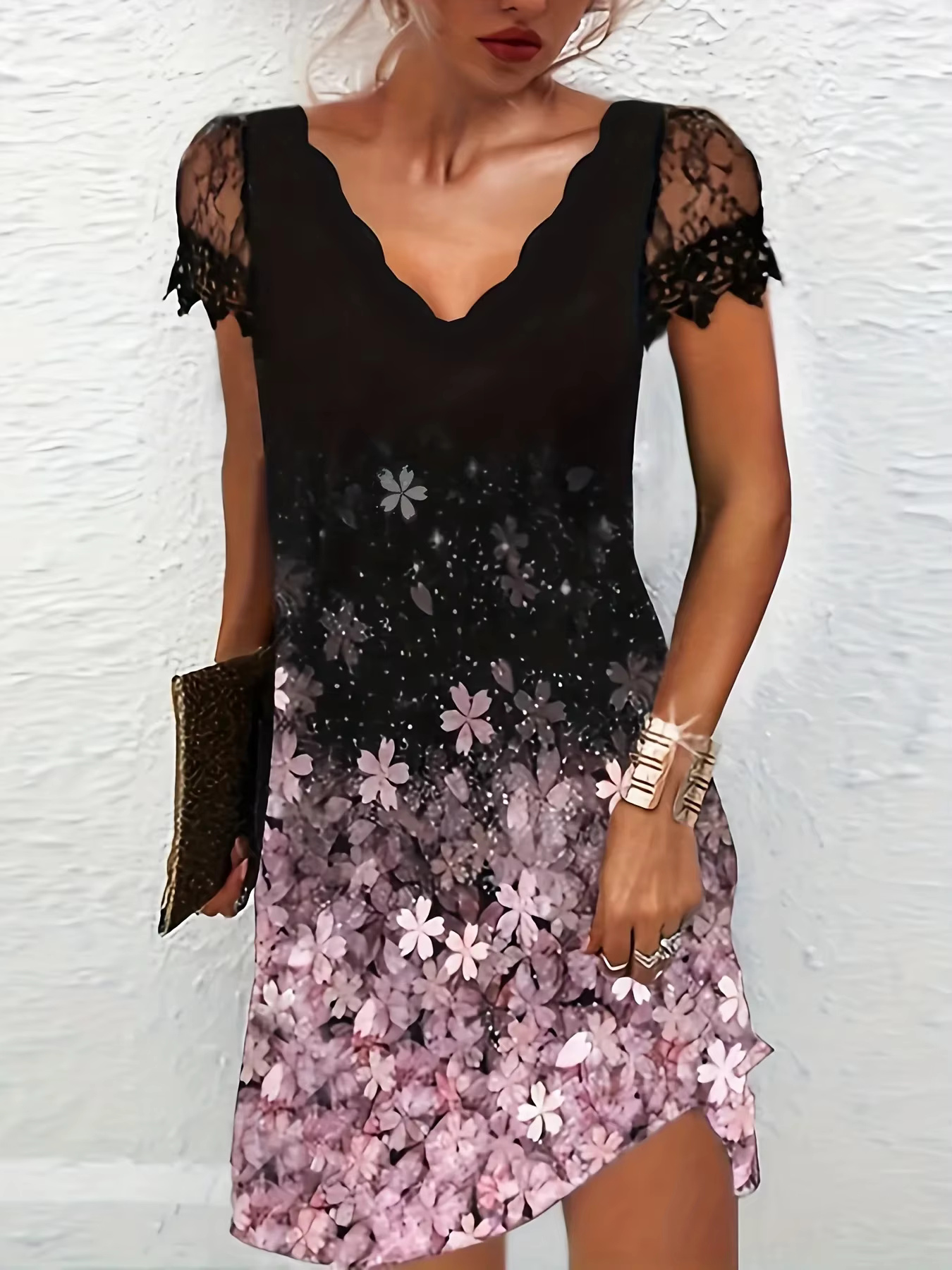 Trendy Wave Print Short Sleeve V-Neck Lace Dress for Women - Image 5